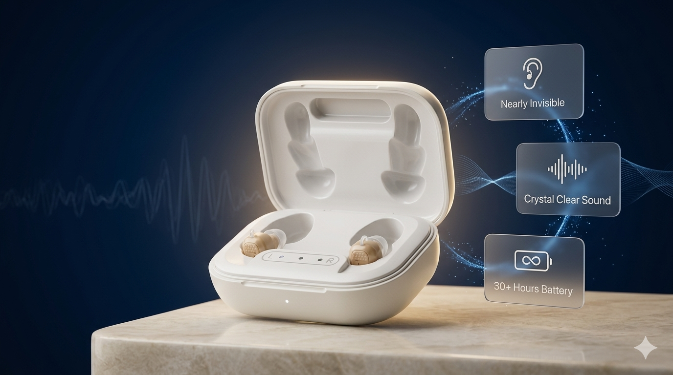 Auris Comfort hearing aids — nearly invisible, crystal clear sound, 30+ hours battery